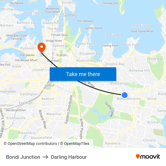 Bondi Junction to Darling Harbour map
