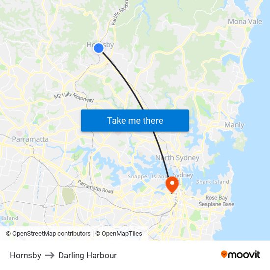 Hornsby to Darling Harbour map