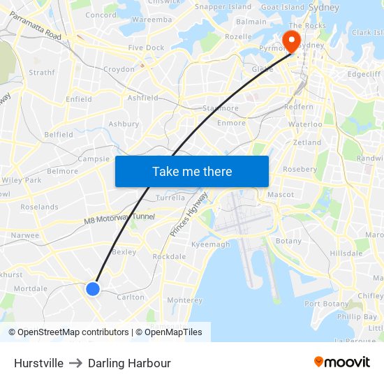 Hurstville to Darling Harbour map
