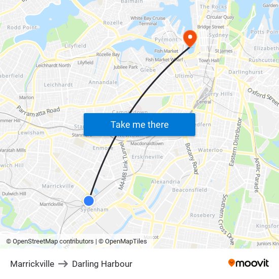 Marrickville to Darling Harbour map
