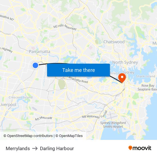 Merrylands to Darling Harbour map