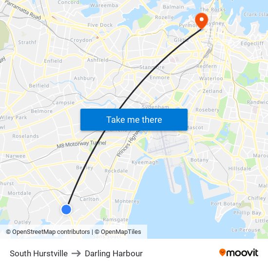 South Hurstville to Darling Harbour map
