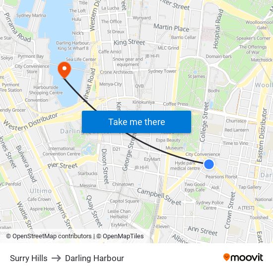 Surry Hills to Darling Harbour map