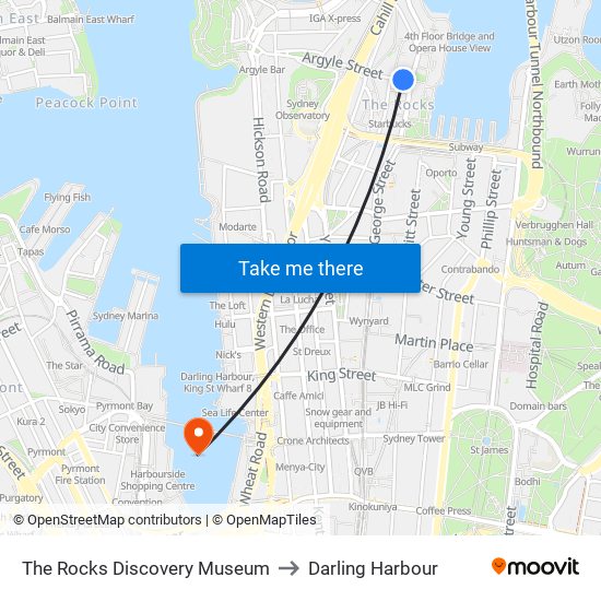 The Rocks Discovery Museum to Darling Harbour map