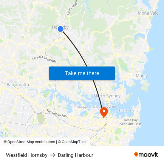 Westfield Hornsby to Darling Harbour map