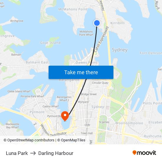 Luna Park to Darling Harbour map