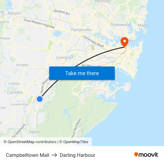 Campbelltown Mall to Darling Harbour map
