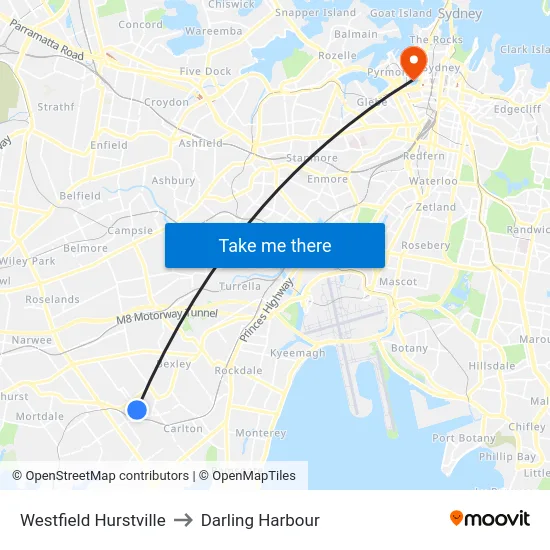 Westfield Hurstville to Darling Harbour map