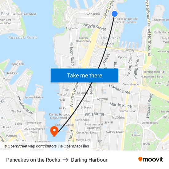 Pancakes on the Rocks to Darling Harbour map