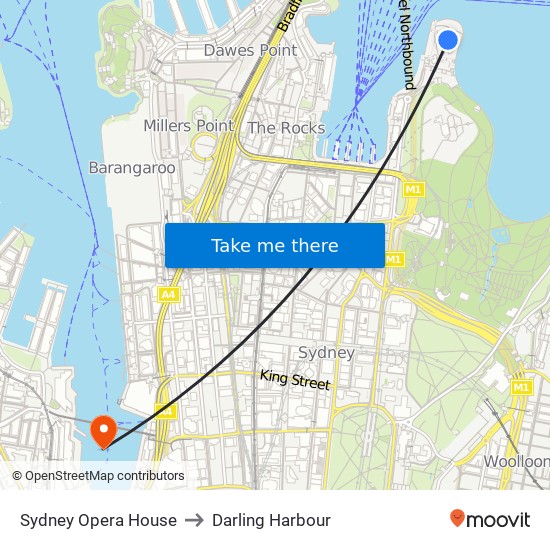 Sydney Opera House to Darling Harbour map