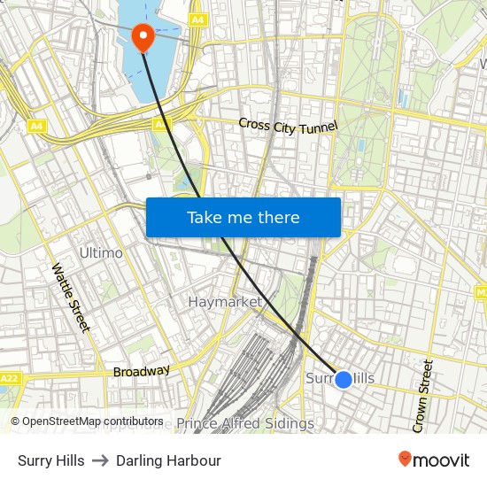 Surry Hills to Darling Harbour map