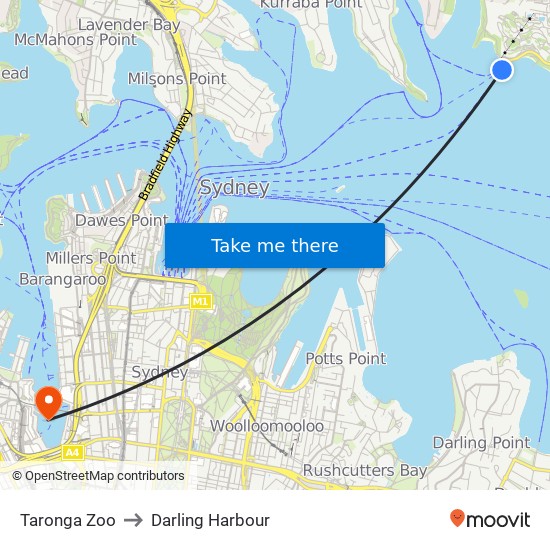 Taronga Zoo to Darling Harbour map