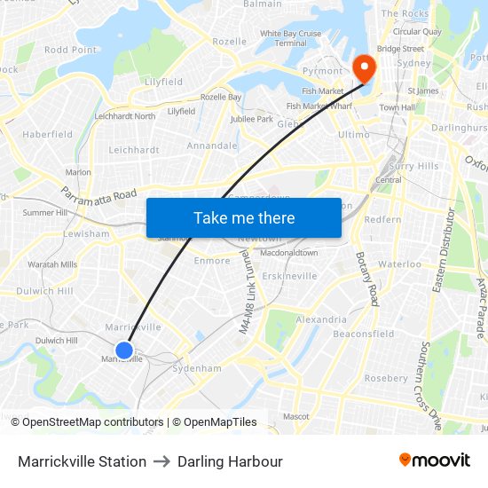 Marrickville Station to Darling Harbour map