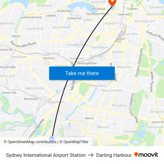 Sydney International Airport Station to Darling Harbour map
