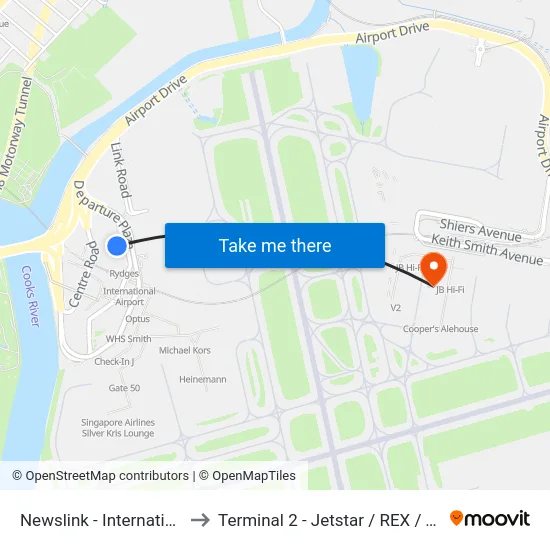 Newslink - International Landside T1 to Terminal 2 - Jetstar / REX / Tiger / Virgin Australia map