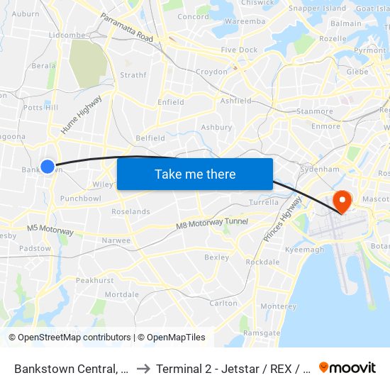 Bankstown Central, The Mall, Stand C to Terminal 2 - Jetstar / REX / Tiger / Virgin Australia map