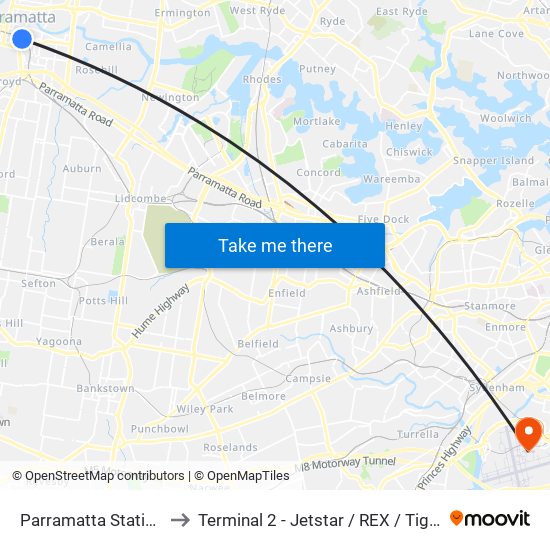 Parramatta Station, Stand A3 to Terminal 2 - Jetstar / REX / Tiger / Virgin Australia map