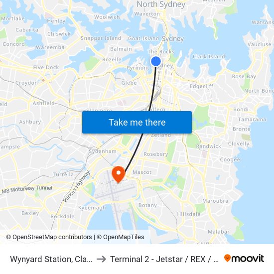 Wynyard Station, Clarence St, Stand R to Terminal 2 - Jetstar / REX / Tiger / Virgin Australia map