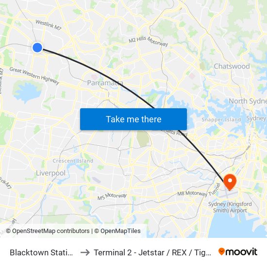 Blacktown Station, Stand M to Terminal 2 - Jetstar / REX / Tiger / Virgin Australia map