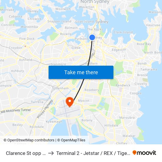 Clarence St opp Barrack St to Terminal 2 - Jetstar / REX / Tiger / Virgin Australia map