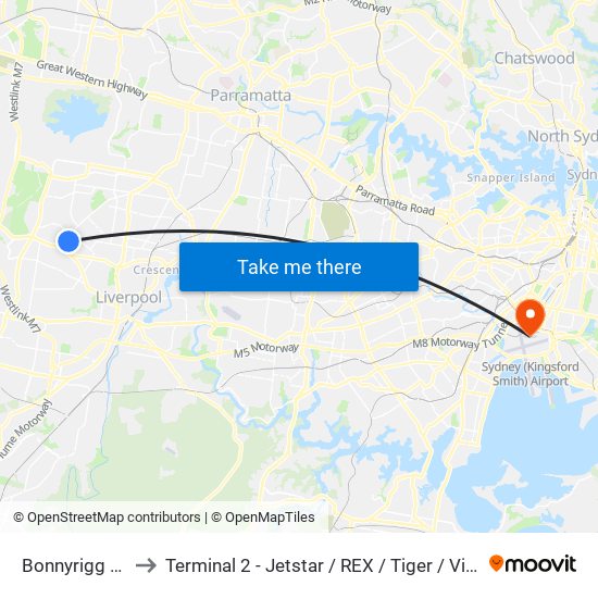 Bonnyrigg T-Way to Terminal 2 - Jetstar / REX / Tiger / Virgin Australia map