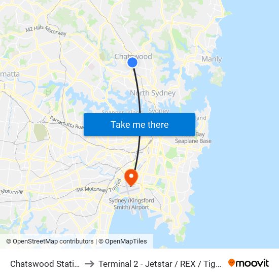 Chatswood Station, Stand C to Terminal 2 - Jetstar / REX / Tiger / Virgin Australia map
