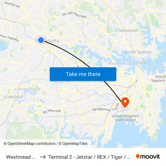 Westmead Station to Terminal 2 - Jetstar / REX / Tiger / Virgin Australia map