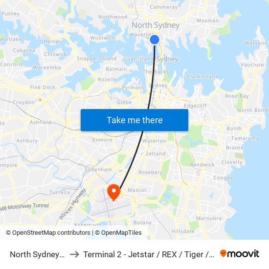 North Sydney Station to Terminal 2 - Jetstar / REX / Tiger / Virgin Australia map