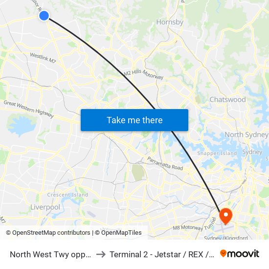 North West Twy opp Rouse Hill Station to Terminal 2 - Jetstar / REX / Tiger / Virgin Australia map