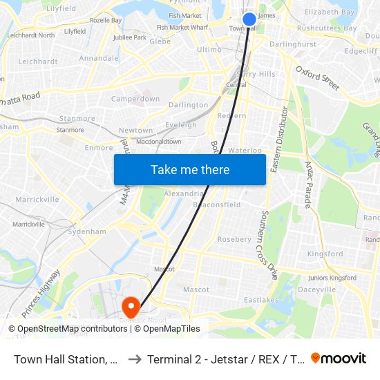 Town Hall Station, Park St, Stand K to Terminal 2 - Jetstar / REX / Tiger / Virgin Australia map