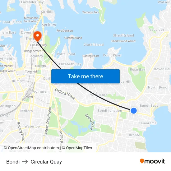 Bondi to Circular Quay map