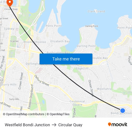 Westfield Bondi Junction to Circular Quay map