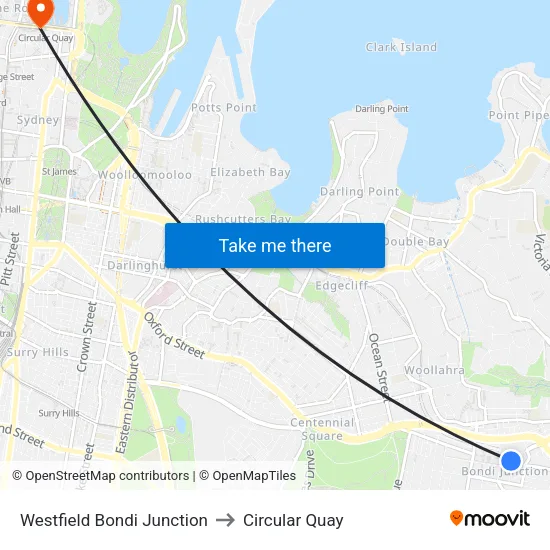 Westfield Bondi Junction to Circular Quay map