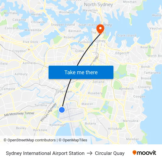 Sydney International Airport Station to Circular Quay map
