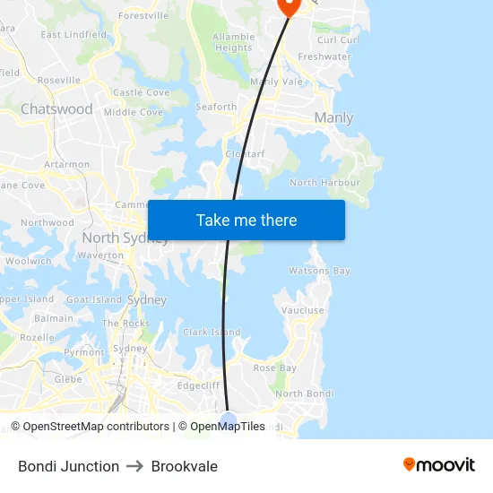 Bondi Junction to Brookvale map
