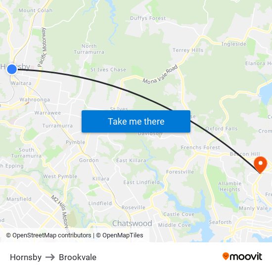 Hornsby to Brookvale map