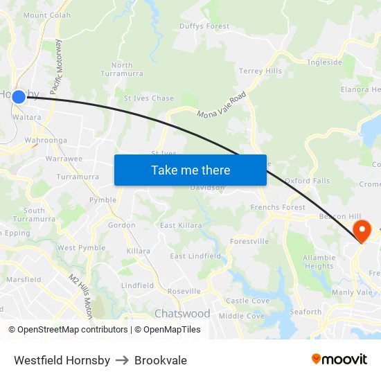 Westfield Hornsby to Brookvale map