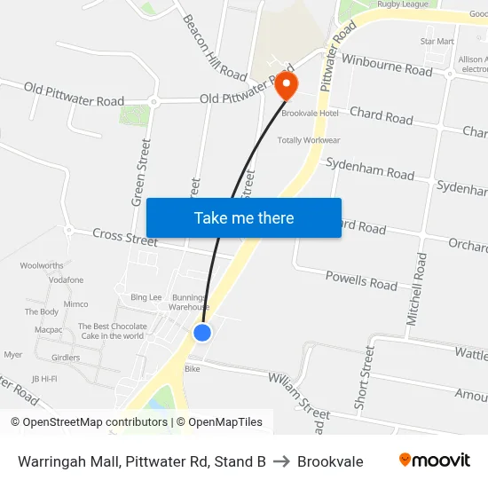 Warringah Mall, Pittwater Rd, Stand B to Brookvale map