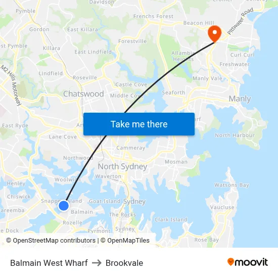 Balmain West Wharf to Brookvale map