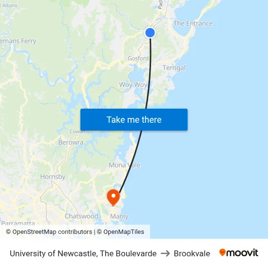 University of Newcastle, The Boulevarde to Brookvale map