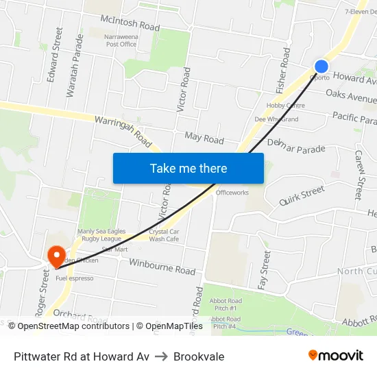 Pittwater Rd at Howard Av to Brookvale map