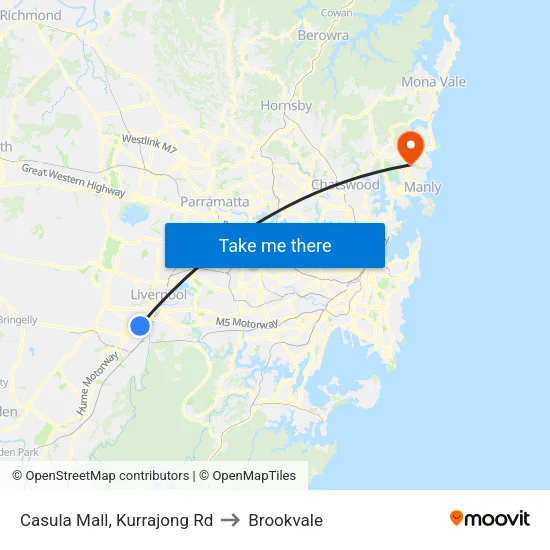 Casula Mall, Kurrajong Rd to Brookvale map