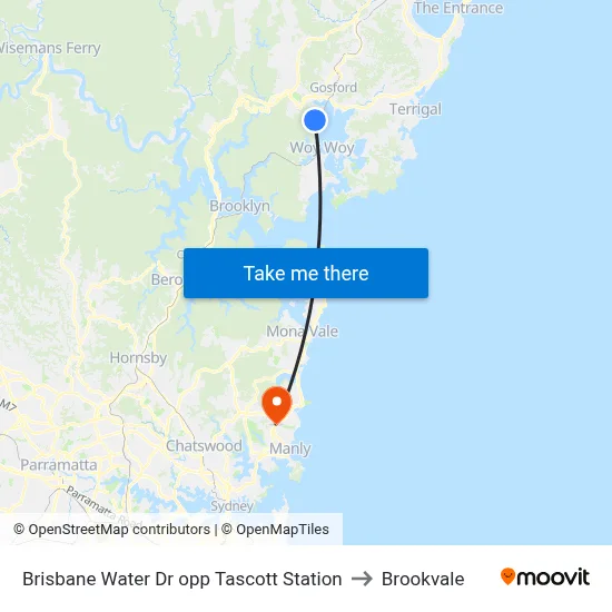 Brisbane Water Dr opp Tascott Station to Brookvale map