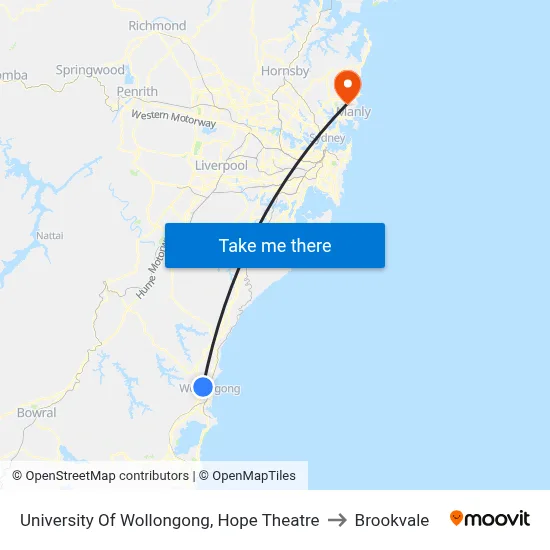 University Of Wollongong, Hope Theatre to Brookvale map
