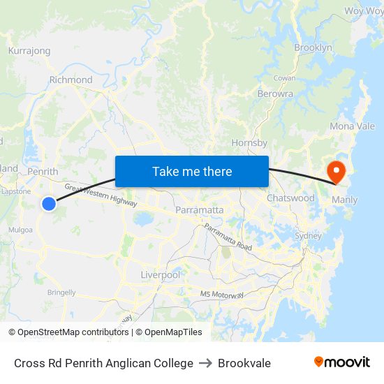 Cross Rd Penrith Anglican College to Brookvale map