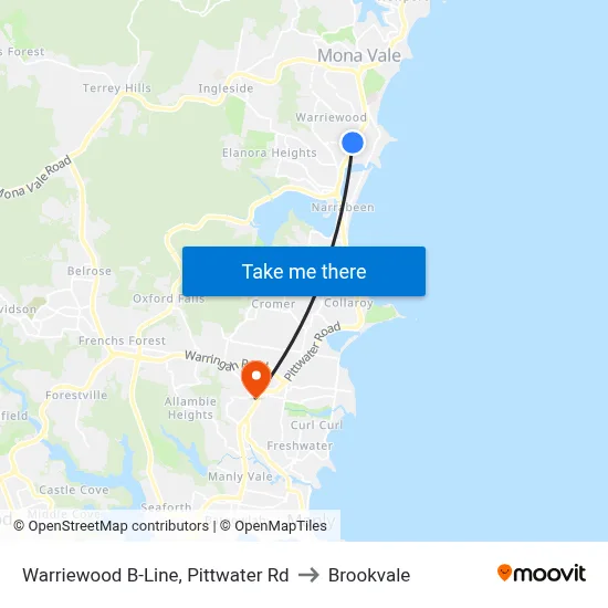 Warriewood B-Line, Pittwater Rd to Brookvale map
