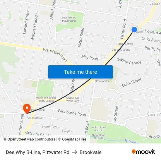 Dee Why B-Line, Pittwater Rd to Brookvale map