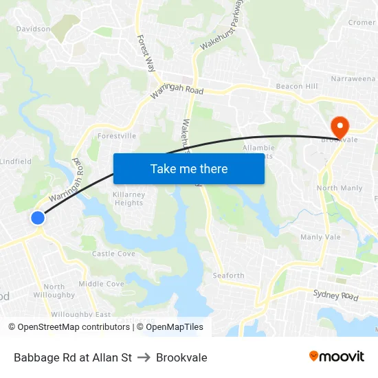 Babbage Rd at Allan St to Brookvale map
