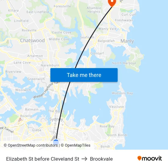 Elizabeth St before Cleveland St to Brookvale map