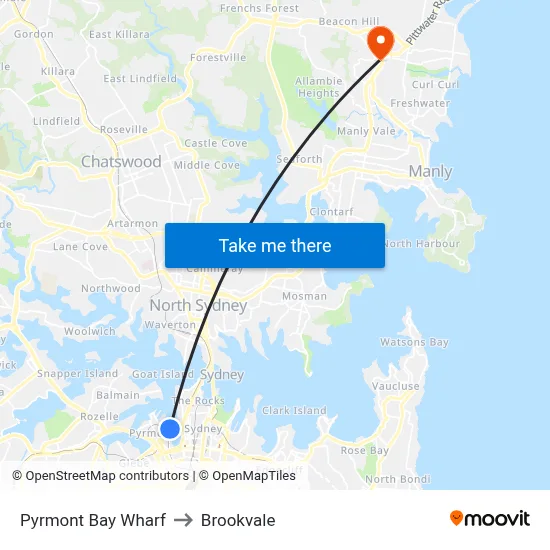 Pyrmont Bay Wharf to Brookvale map